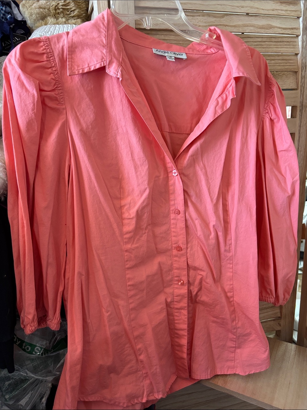 Andre Oliver Peach Button-Down Puff Sleeve Blouse 14